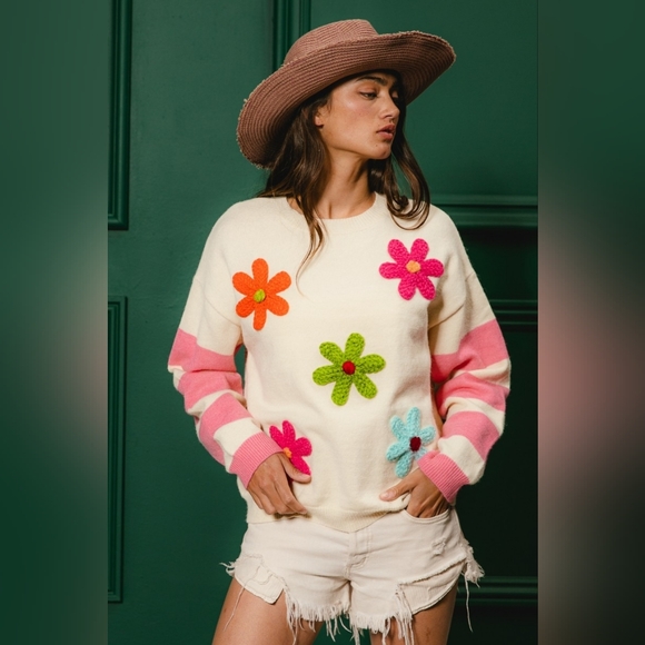 BiBi Colorful Floral Patched Sweater with Striped Sleeve - Picture 5 of 15